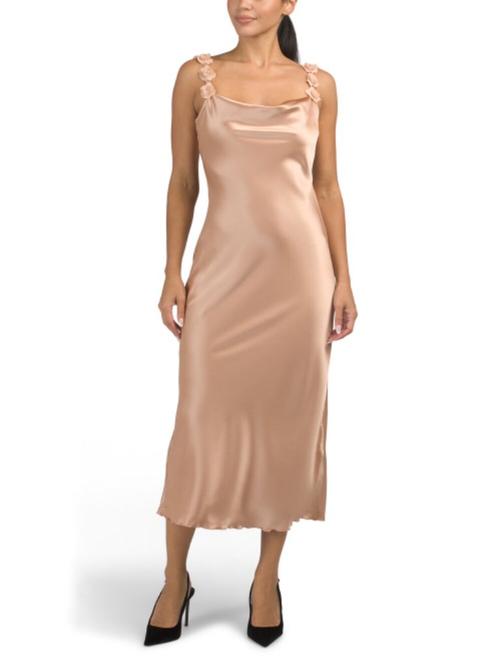 BEBE Made In Usa Satin Dress With Flower Strap Details